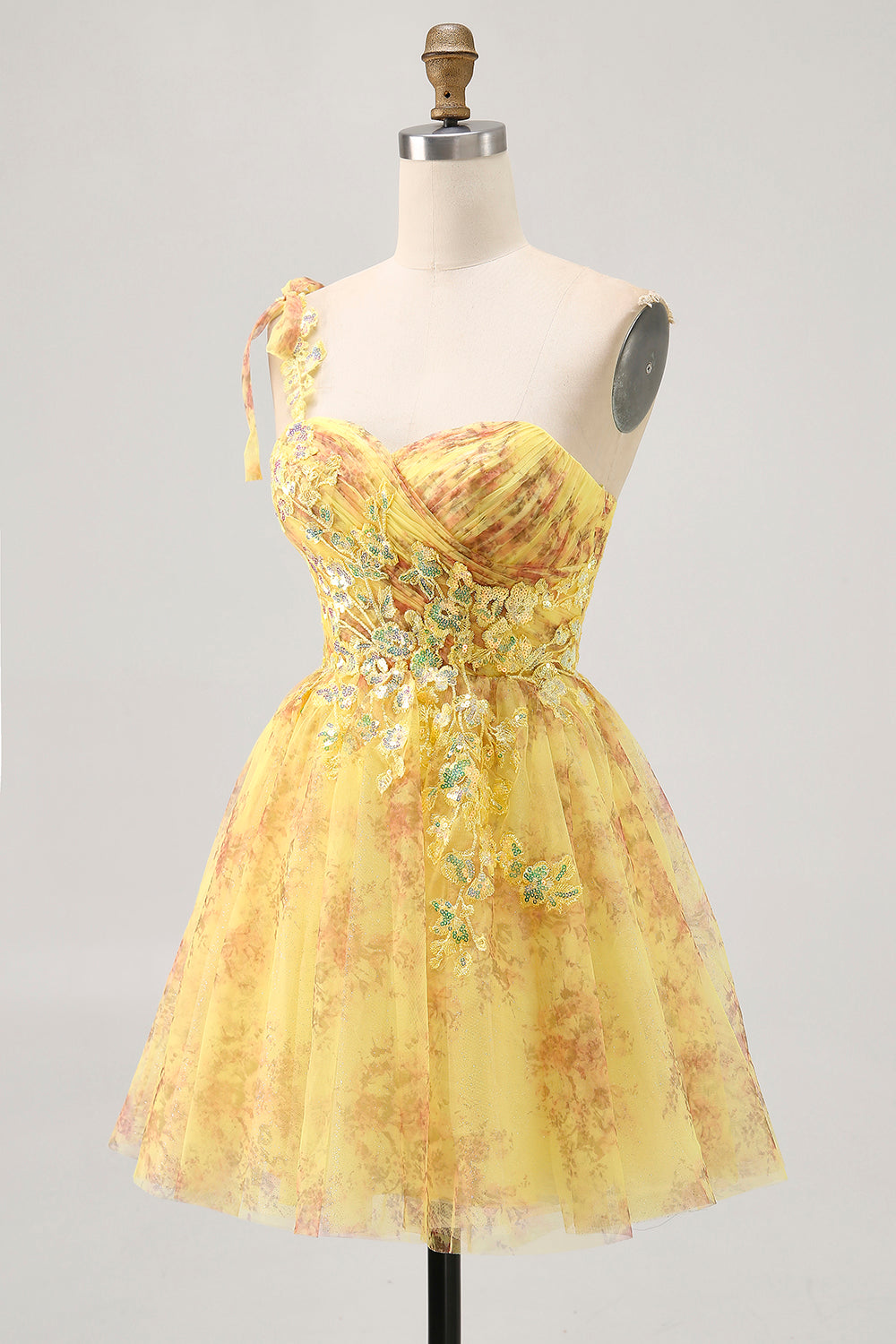 Sparkly Yellow One Shoulder Floral Short Homecoming Dress with Bow