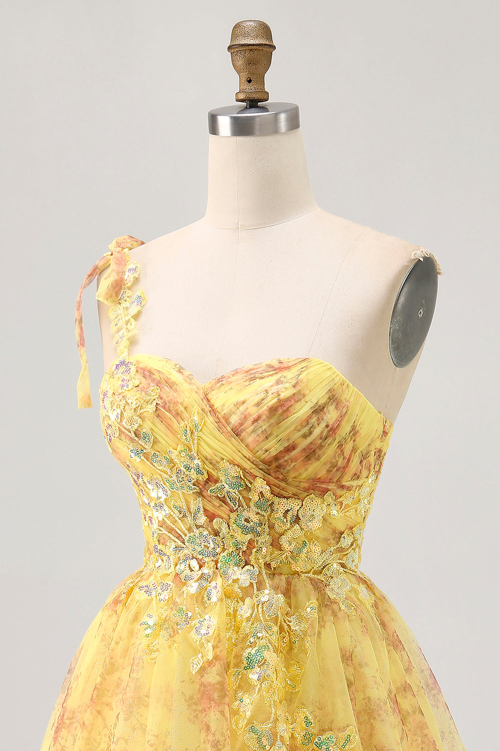 Sparkly Yellow One Shoulder Floral Short Homecoming Dress with Bow