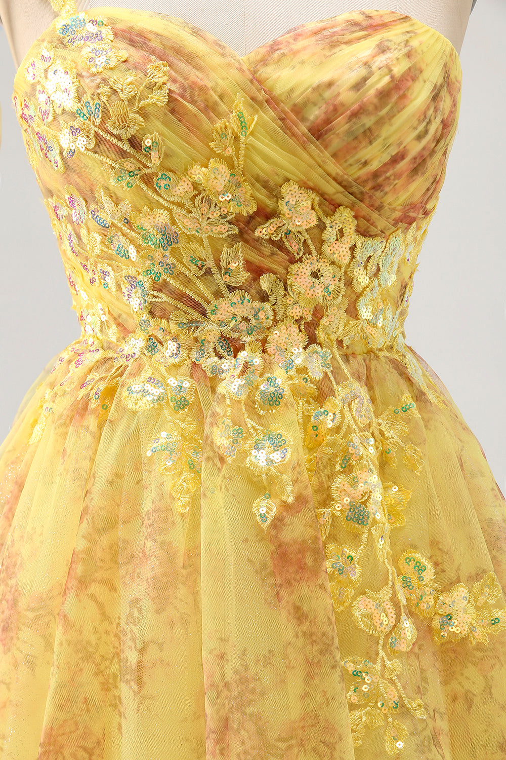 Sparkly Yellow One Shoulder Floral Short Homecoming Dress with Bow