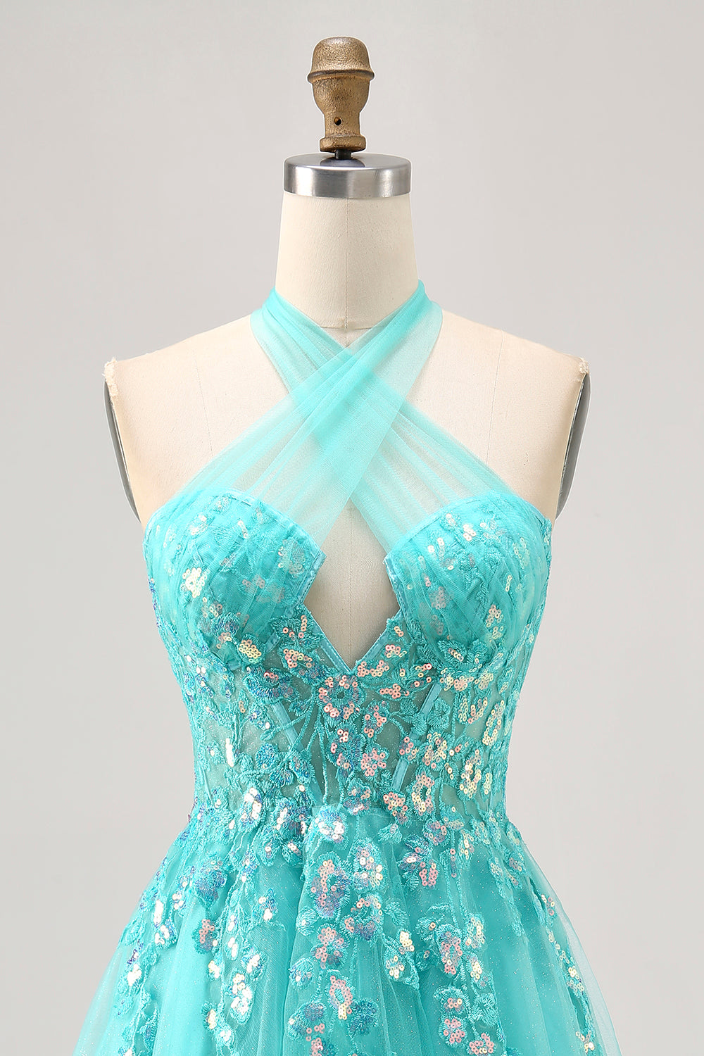 Sparkly Green Halter Corset Short Homecoming Dress with Appliques