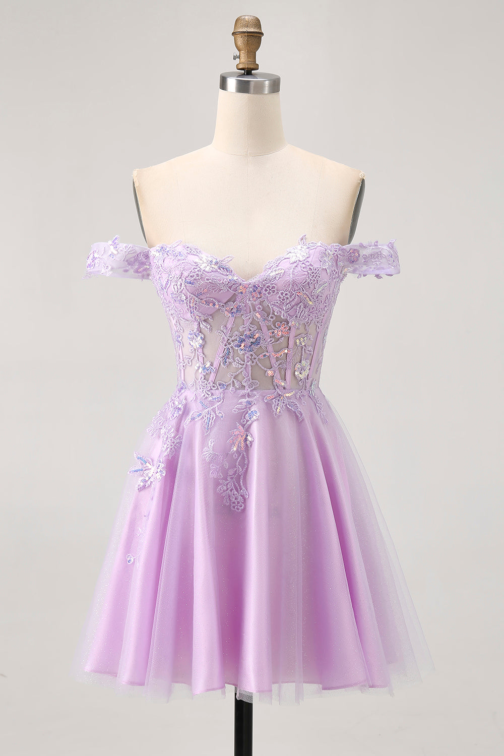 Lilac A Line Off the Shoulder Short Corset Homecoming Dress with Appliques