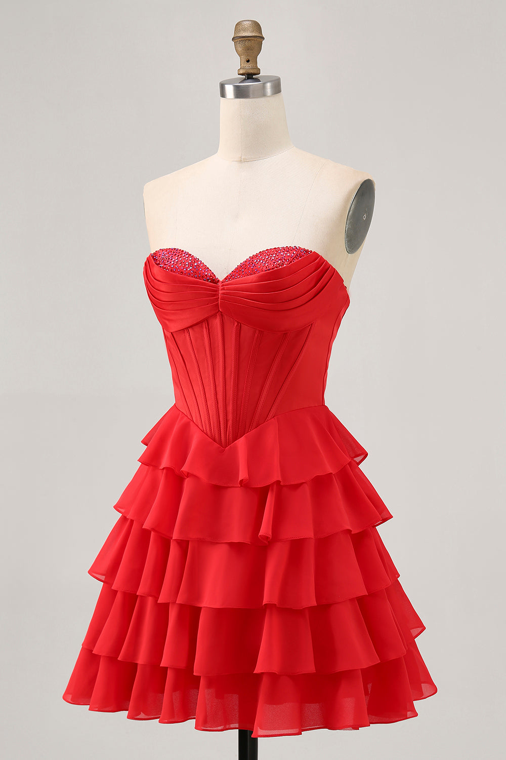 Sparkly Red Sweetheart A Line Corset Short Tiered Homecoming Dress