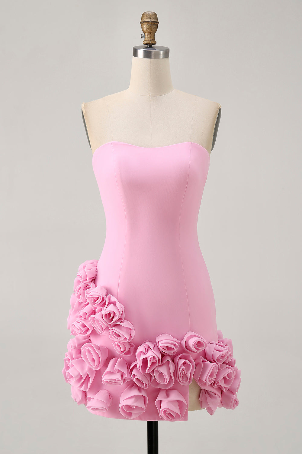 Pink Strapless Tight Short Satin Homecoming Dress with 3D Flowers