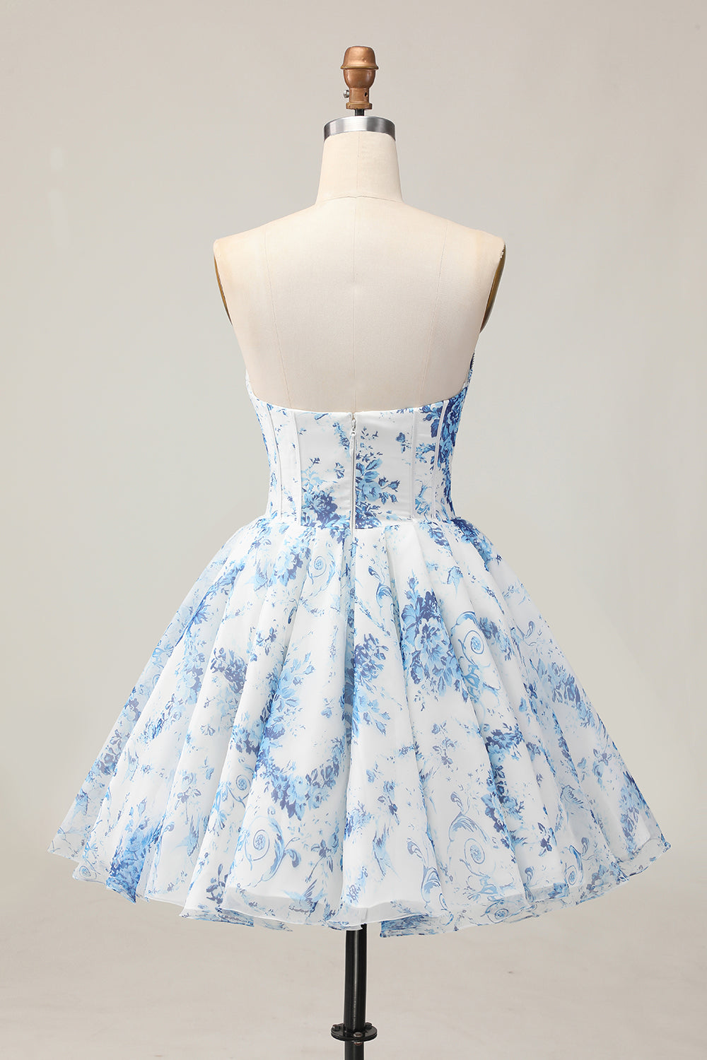 Floral White and Blue Short Corset Homecoming Dress with Beading