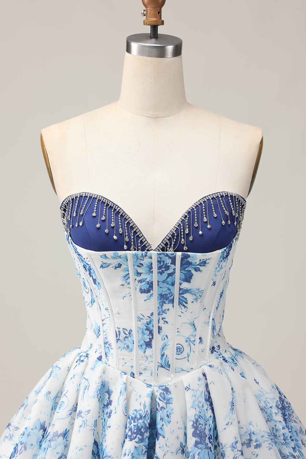 Floral White and Blue Short Corset Homecoming Dress with Beading