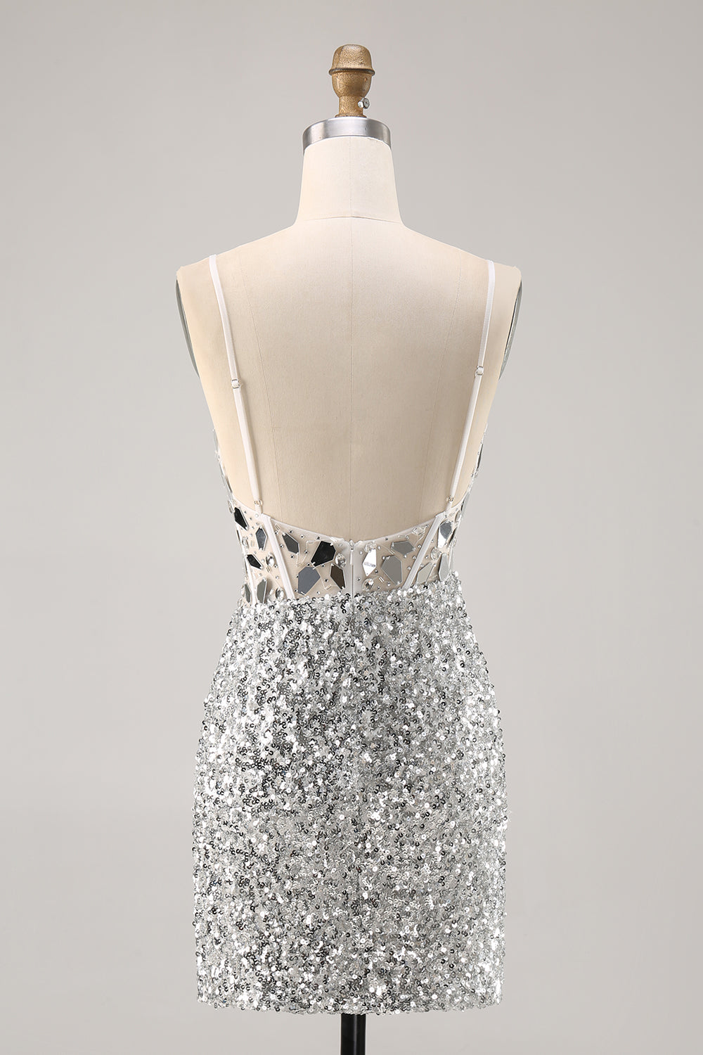 Sparkly Silver Mirror Sequins Corset V-Neck Short Homecoming Dress