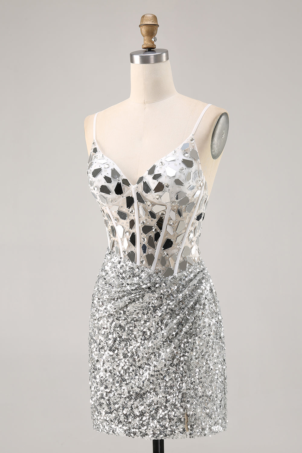 Sparkly Silver Mirror Sequins Corset V-Neck Short Homecoming Dress