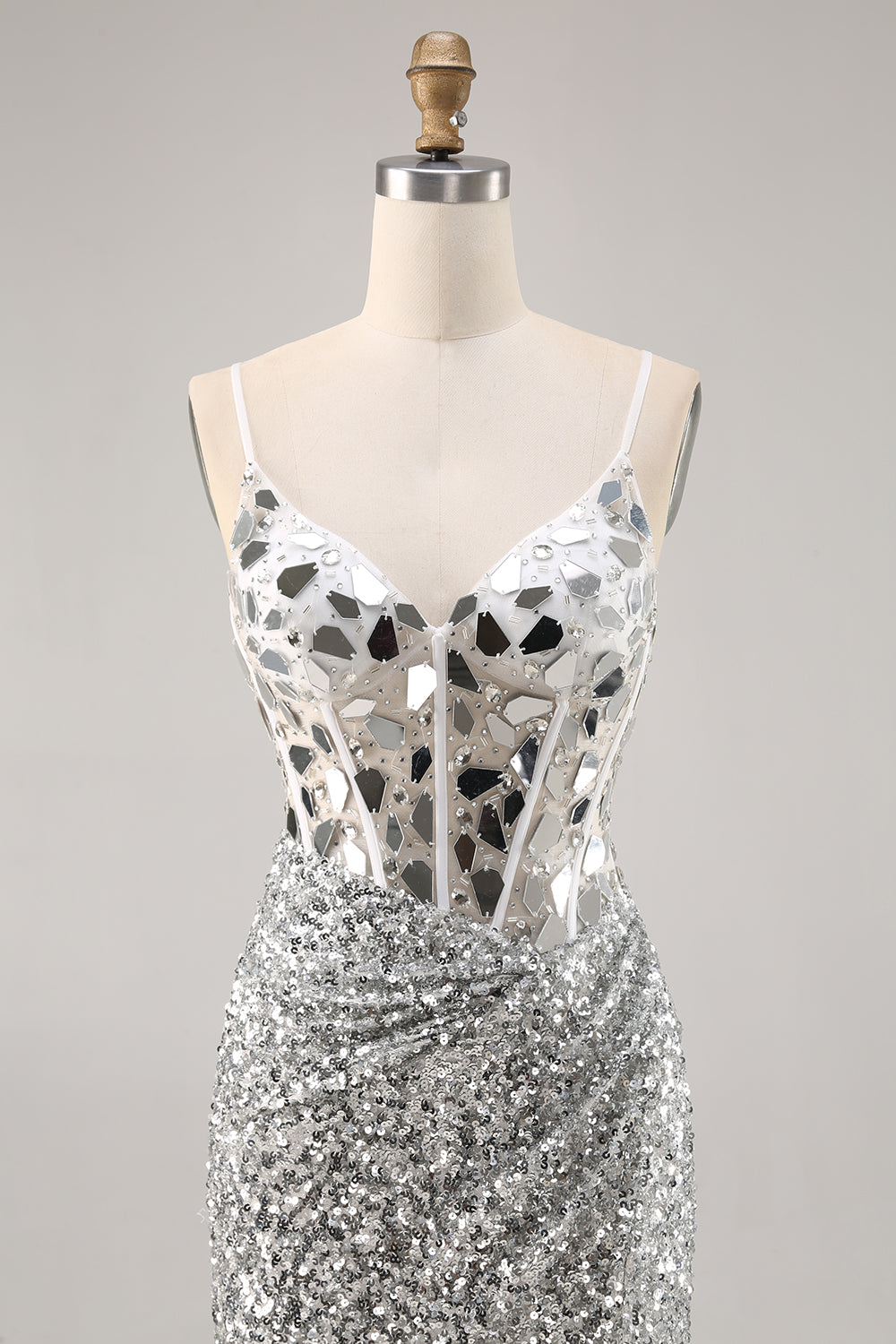 Sparkly Silver Mirror Sequins Corset V-Neck Short Homecoming Dress
