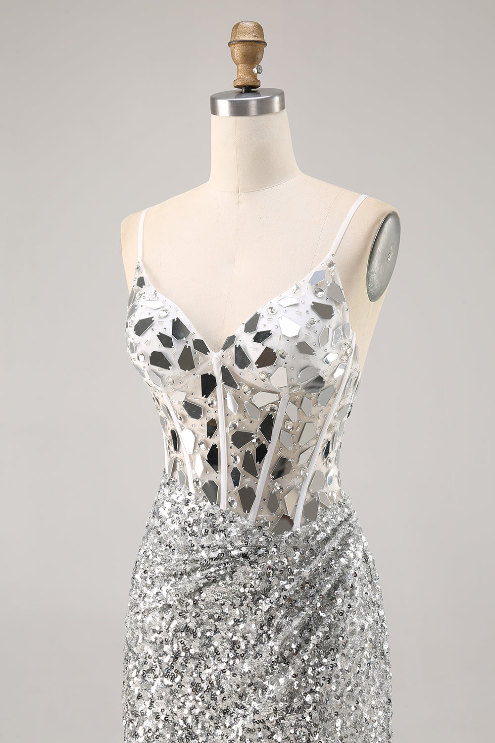 Sparkly Silver Mirror Sequins Corset V-Neck Short Homecoming Dress