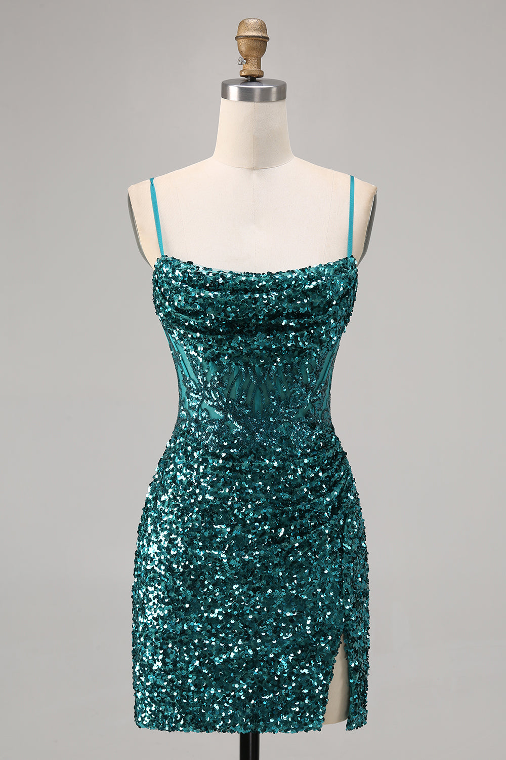 Sparkly Peacock Green Spaghetti Straps Short Sequins Homecoming Dress