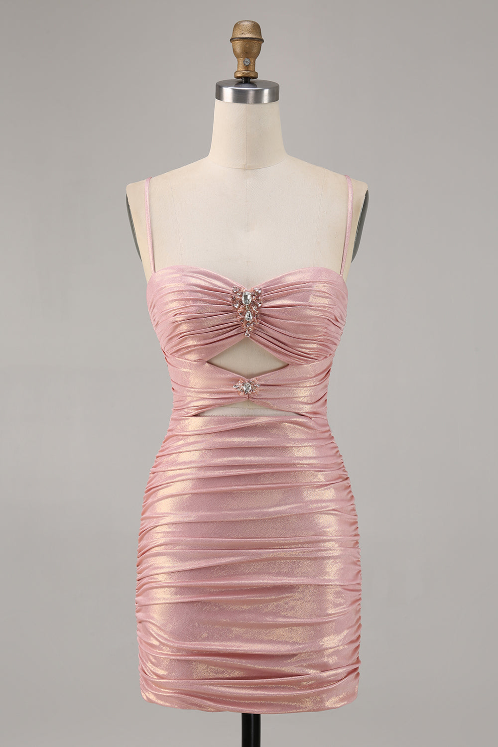 Metallic Blush Spaghetti Straps Cut Out Bodycon Short Homecoming Dress