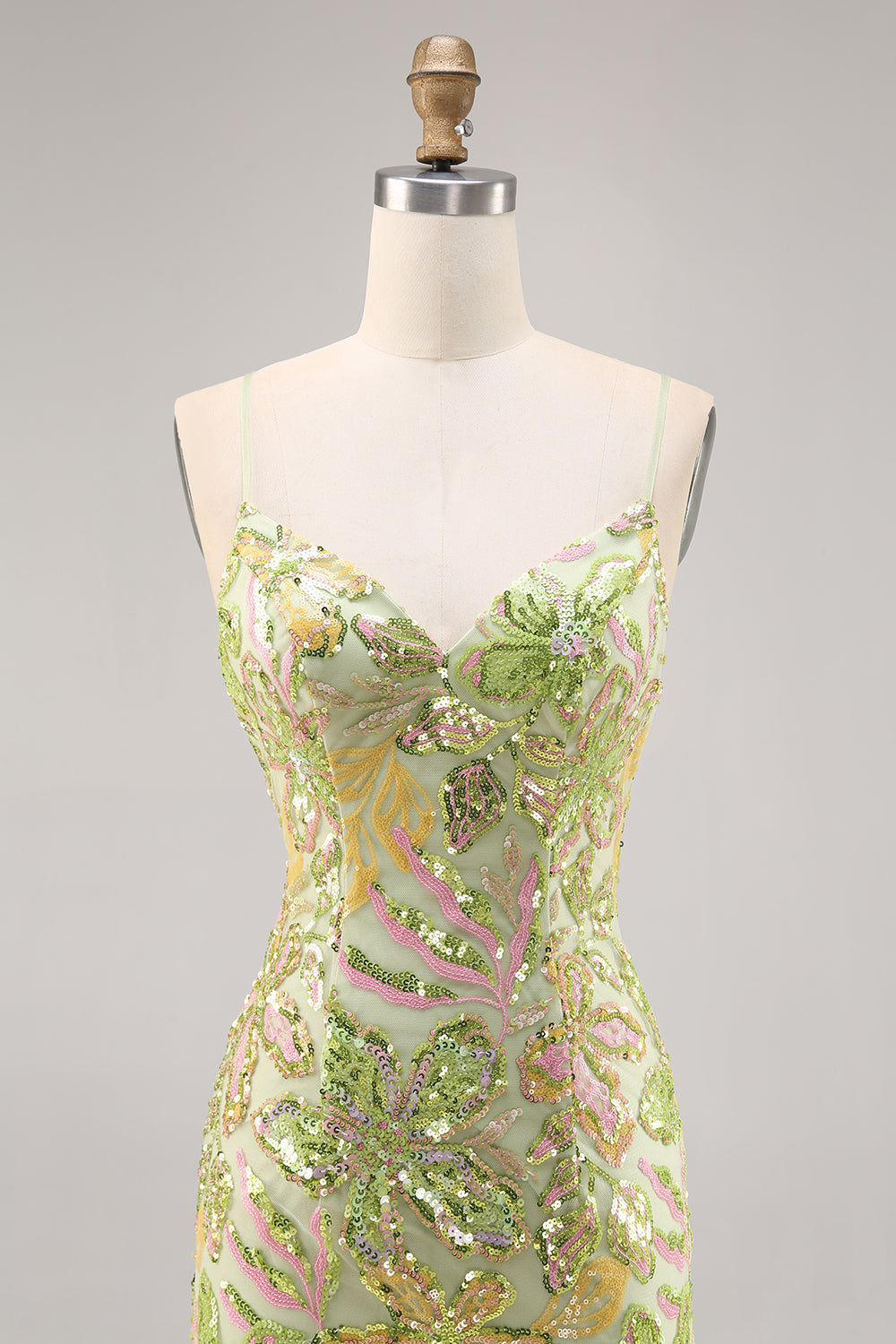 Floral Green Bodycon Spaghetti Straps Short Sparkly Homecoming Dress