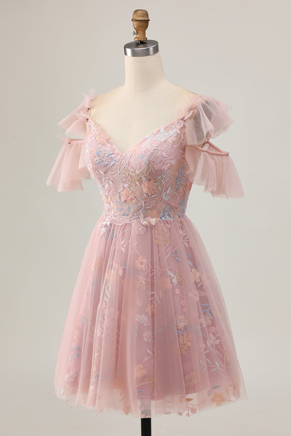 Sparkly Blush Cold Shoulder Short Floral Homecoming Dress with Ruffles