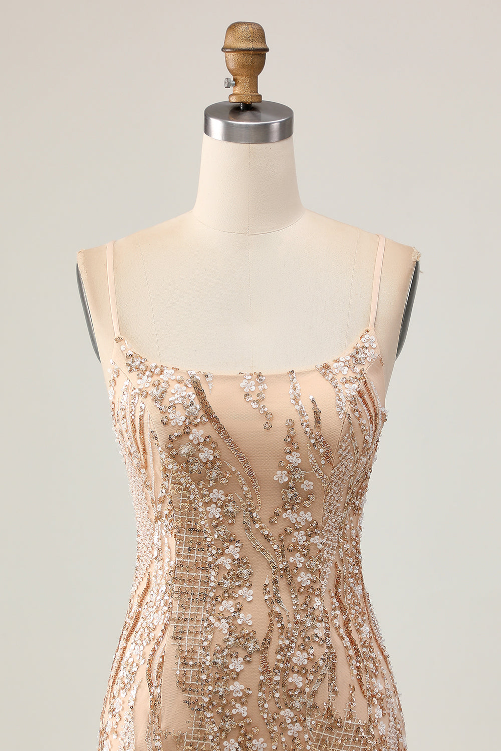 Sparkly Champagne Tight Short Floral Homecoming Dress with Beading