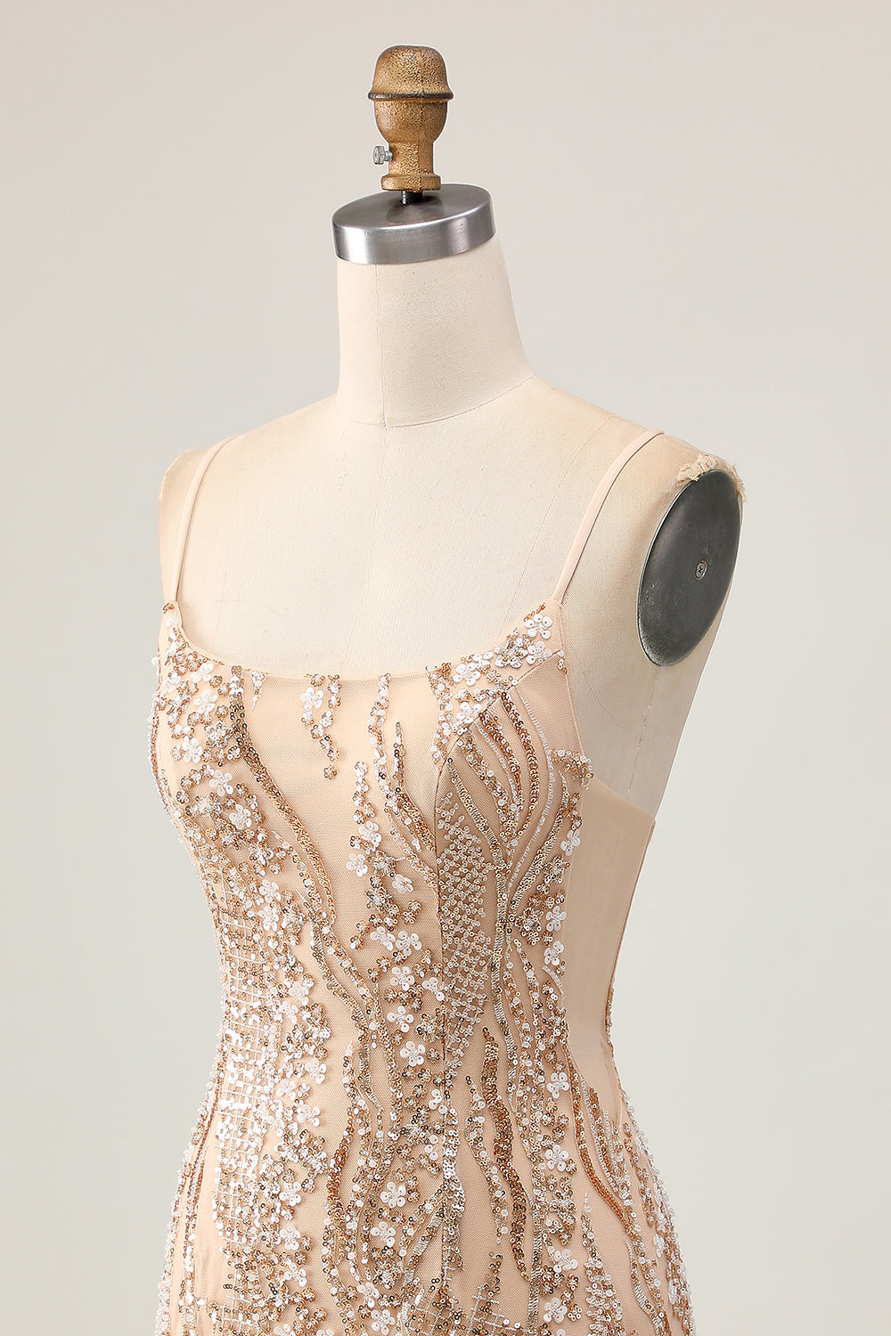 Sparkly Champagne Tight Short Floral Homecoming Dress with Beading