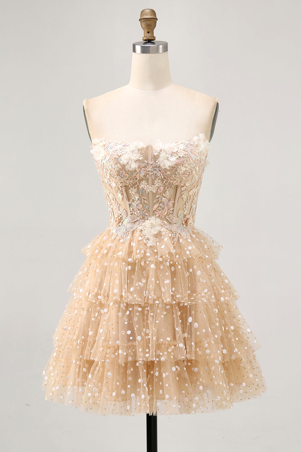 Sparkly Champagne Floral Corset Short Polka Dots Homecoming Dress