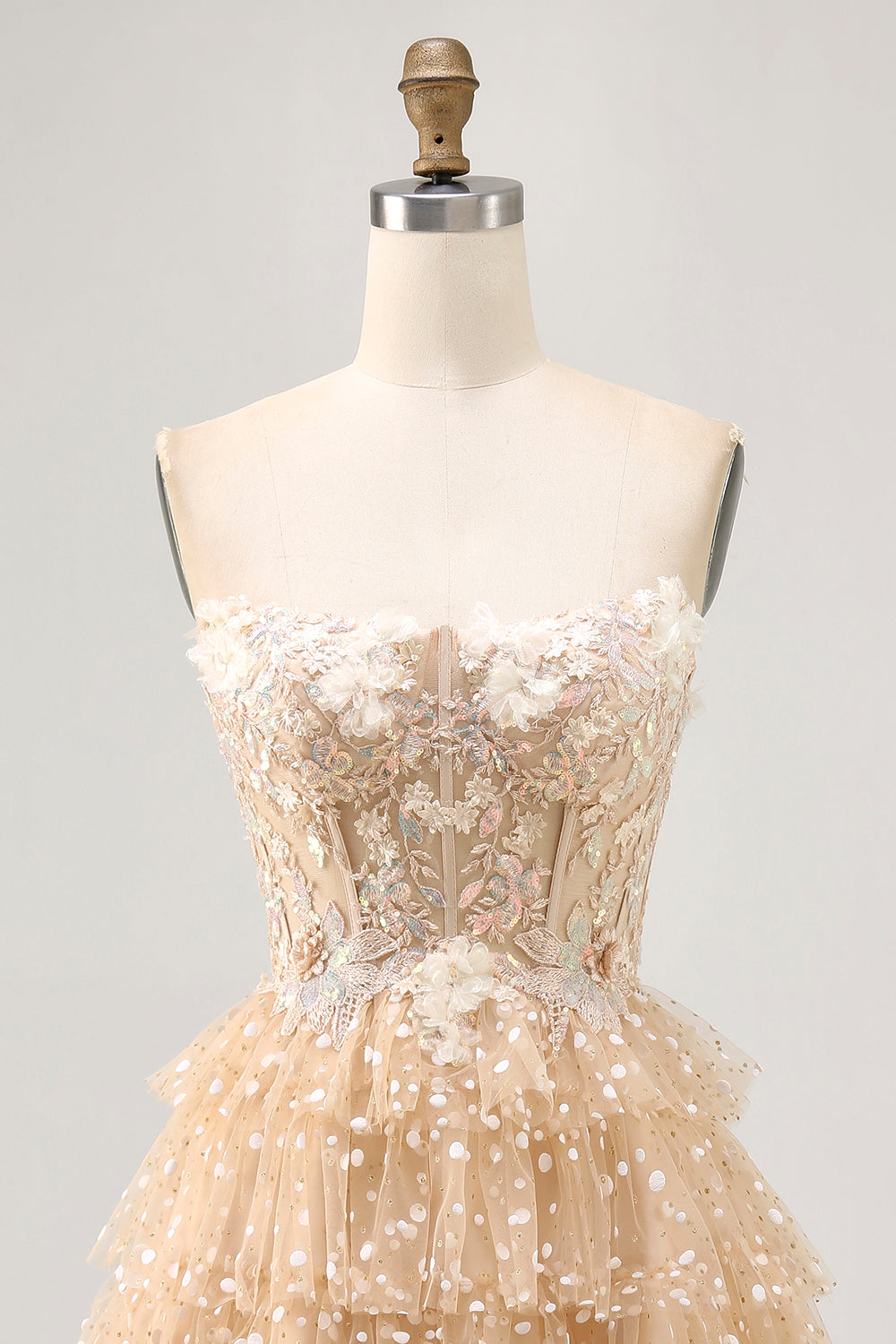 Sparkly Champagne Floral Corset Short Polka Dots Homecoming Dress