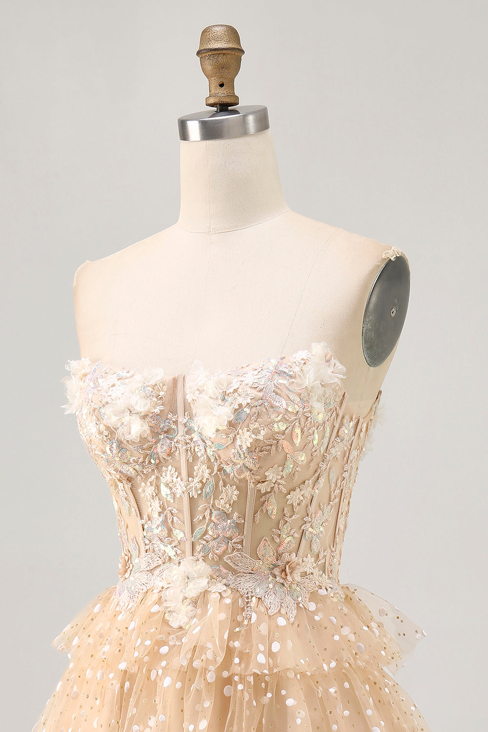Sparkly Champagne Floral Corset Short Polka Dots Homecoming Dress