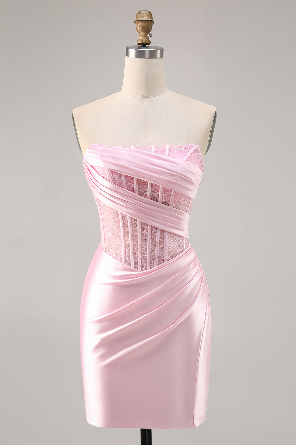 Pink Corset Satin Ruched Short Strapless Homecoming Dress