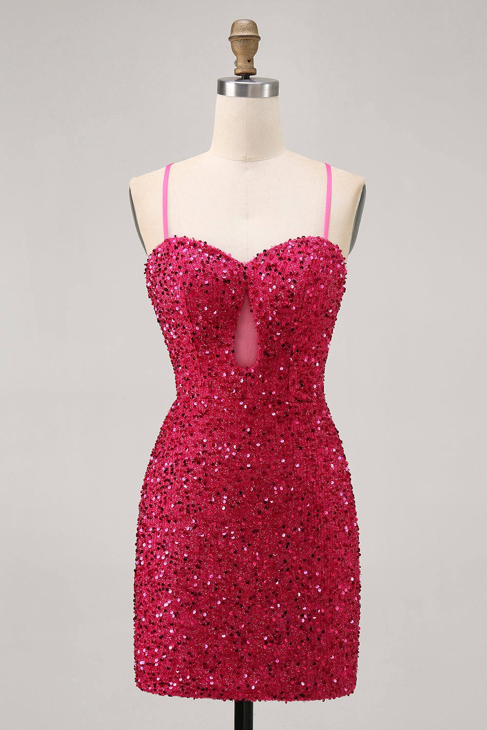 Sparkly Fuchsia Tight Spaghetti Straps Short Sequin Homecoming Dress