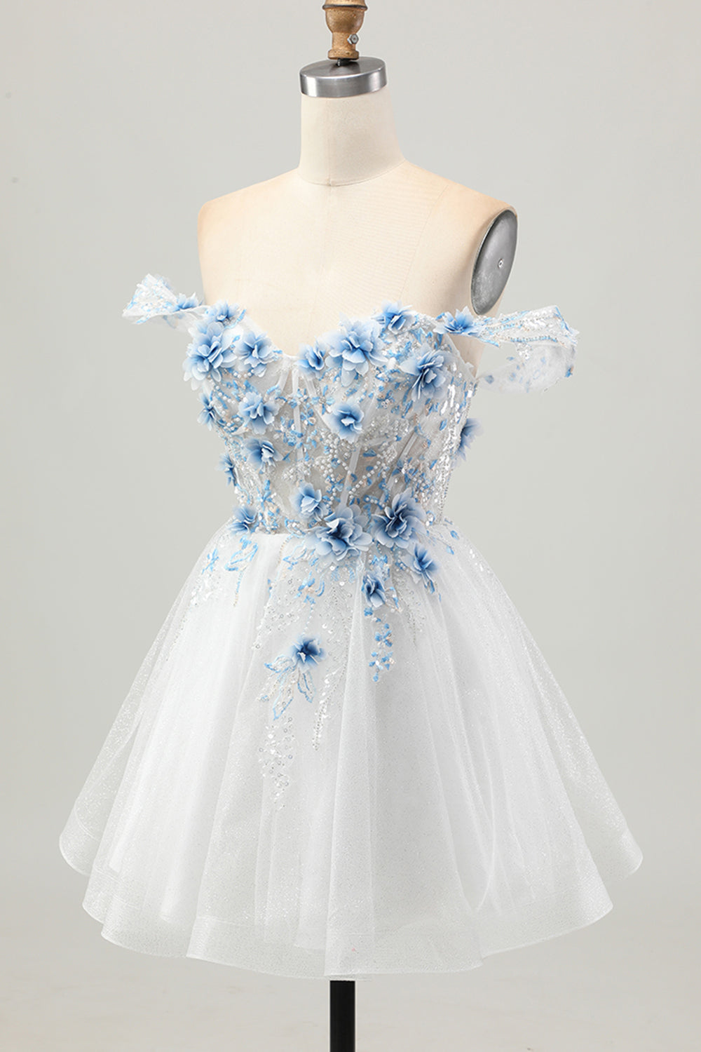 Sparkly White Blue Corset A Line Short Floral Homecoming Dress with Beading