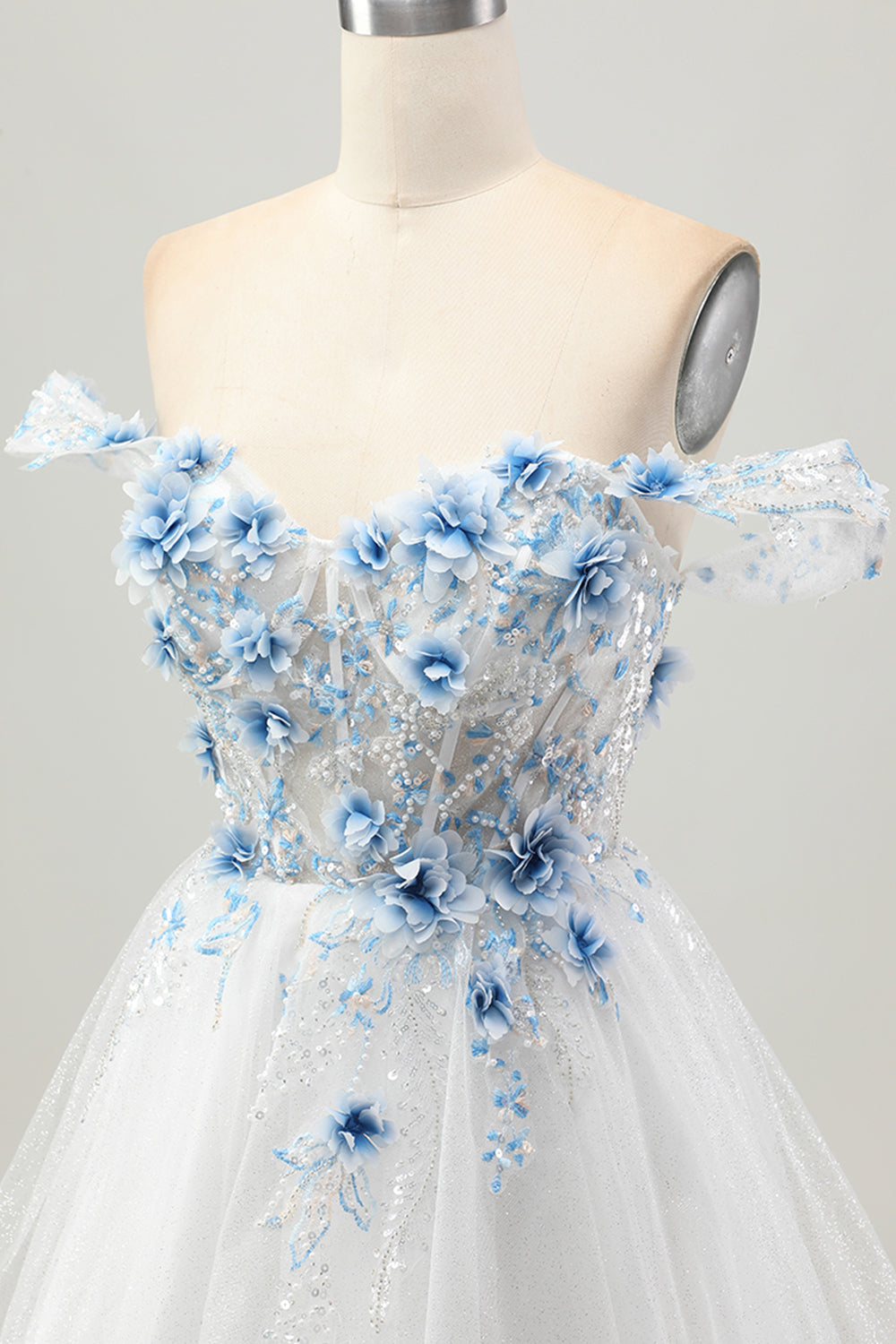 Sparkly White Blue Corset A Line Short Floral Homecoming Dress with Beading
