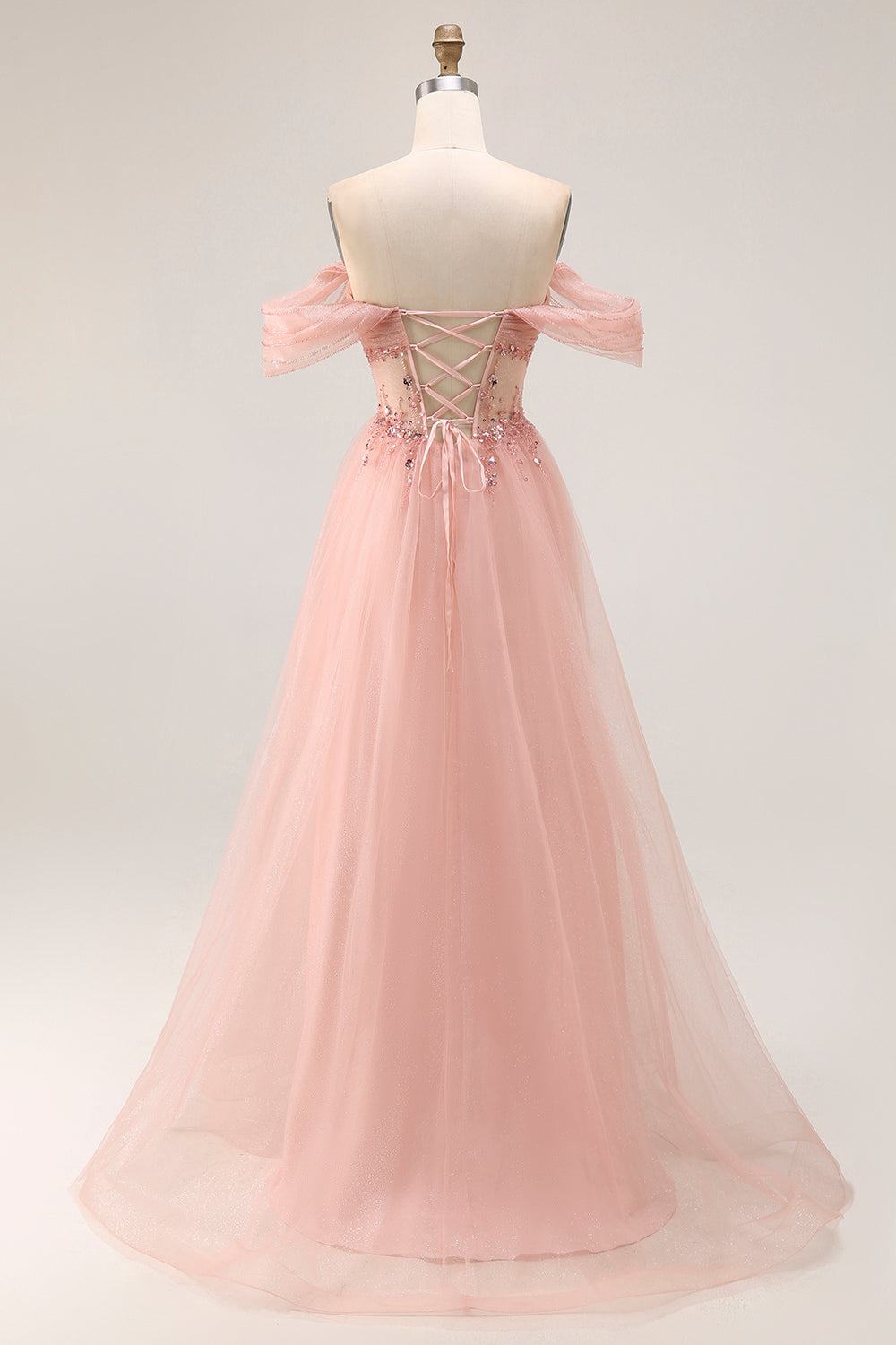 Sparkly Blush Tulle Off the Shoulder Long Corset Prom Dress with Sequins