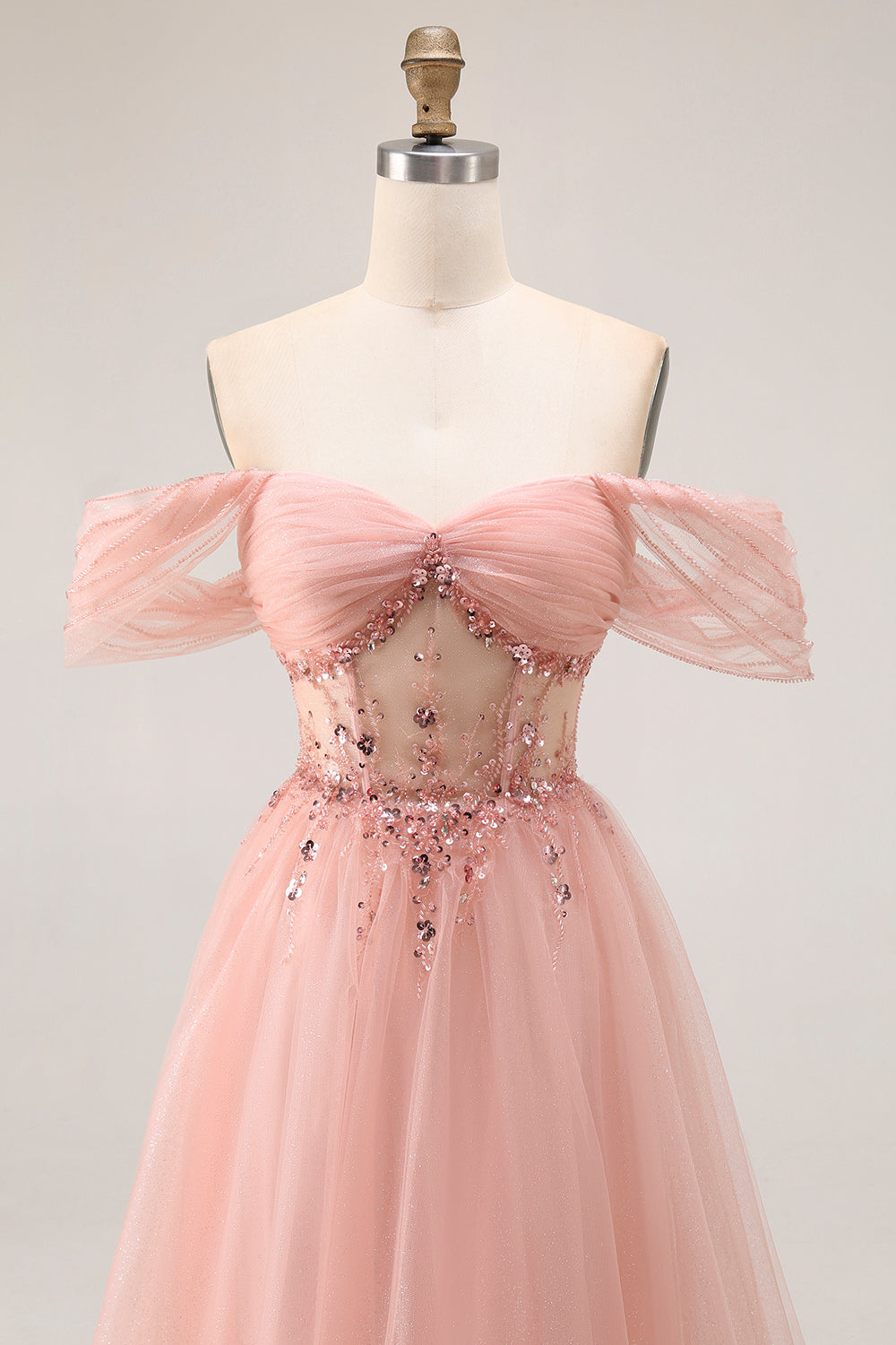 Sparkly Blush Tulle Off the Shoulder Long Corset Prom Dress with Sequins