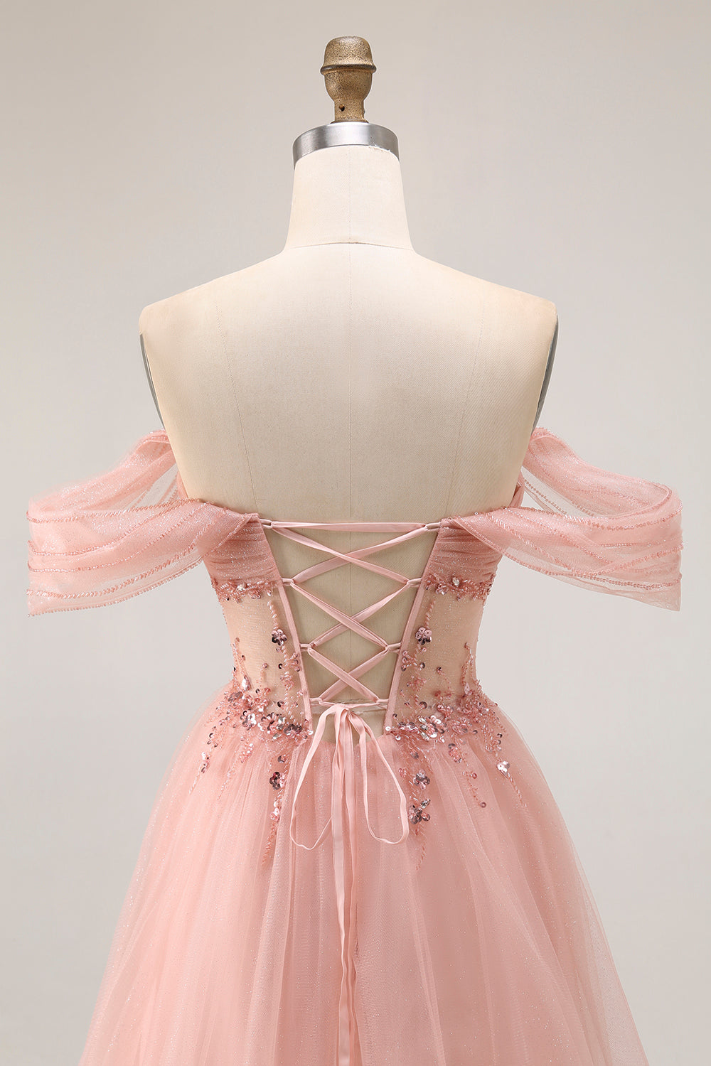 Sparkly Blush Tulle Off the Shoulder Long Corset Prom Dress with Sequins