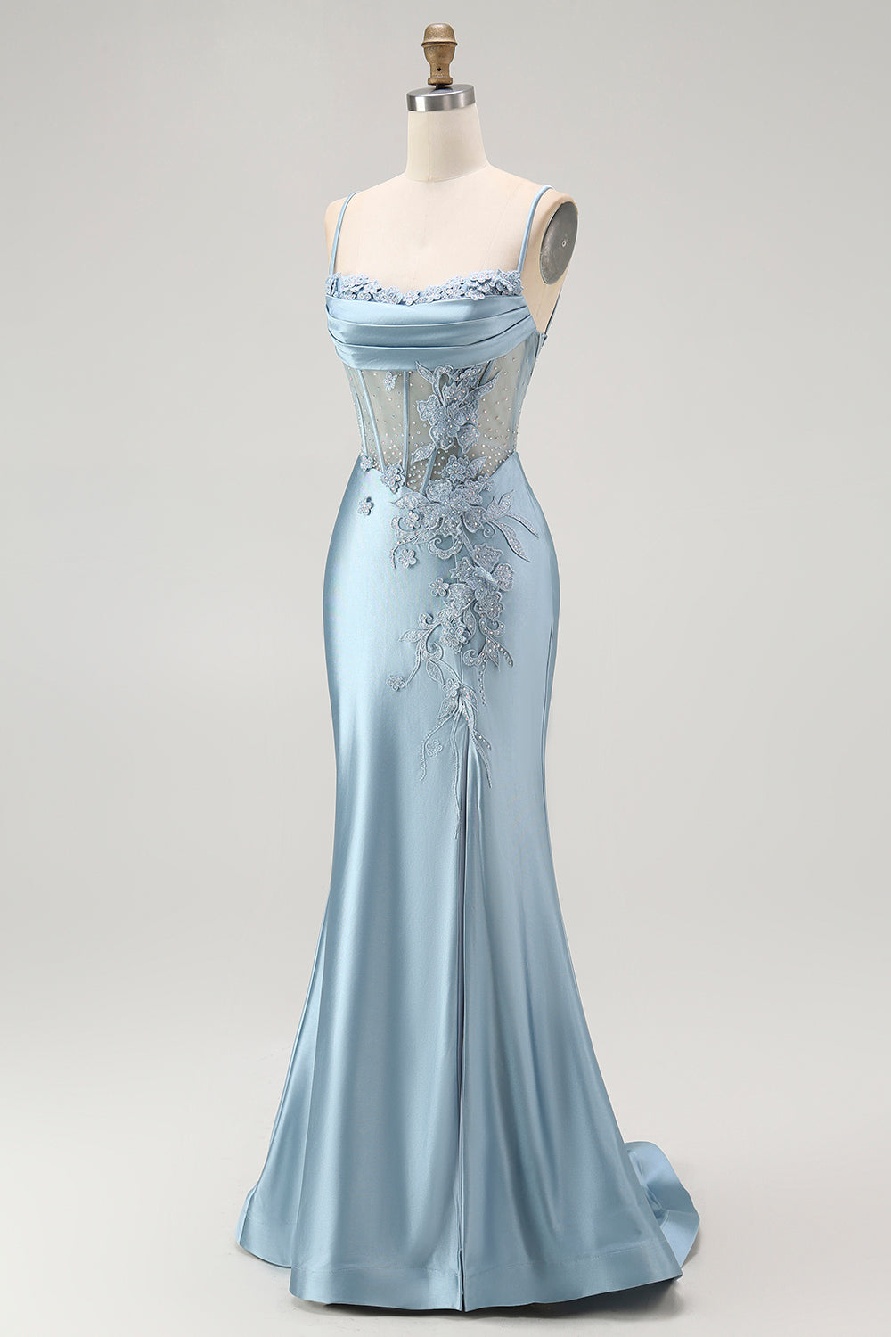 Sparkly Grey Blue Corset Appliqued Long Mermaid Prom Dress with Slit
