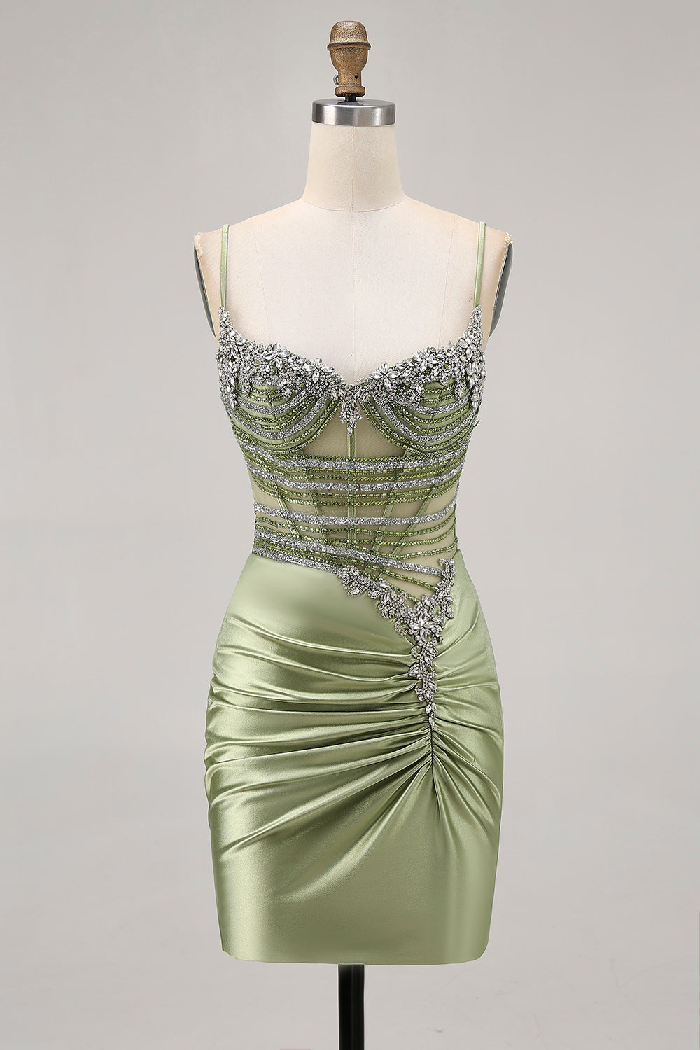 Sparkly Sage Green Tight Short Corset Homecoming Dress with Beading