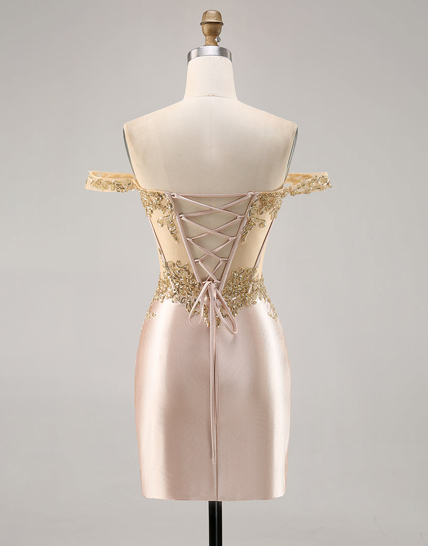 Sparkly Champagne Corset Satin Short Homecoming Dress with Lace
