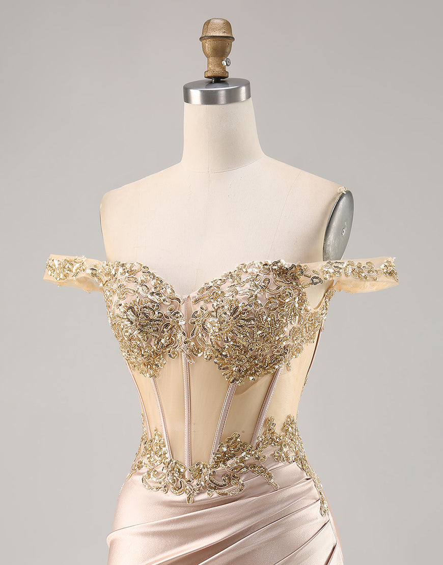 Sparkly Champagne Corset Satin Short Homecoming Dress with Lace