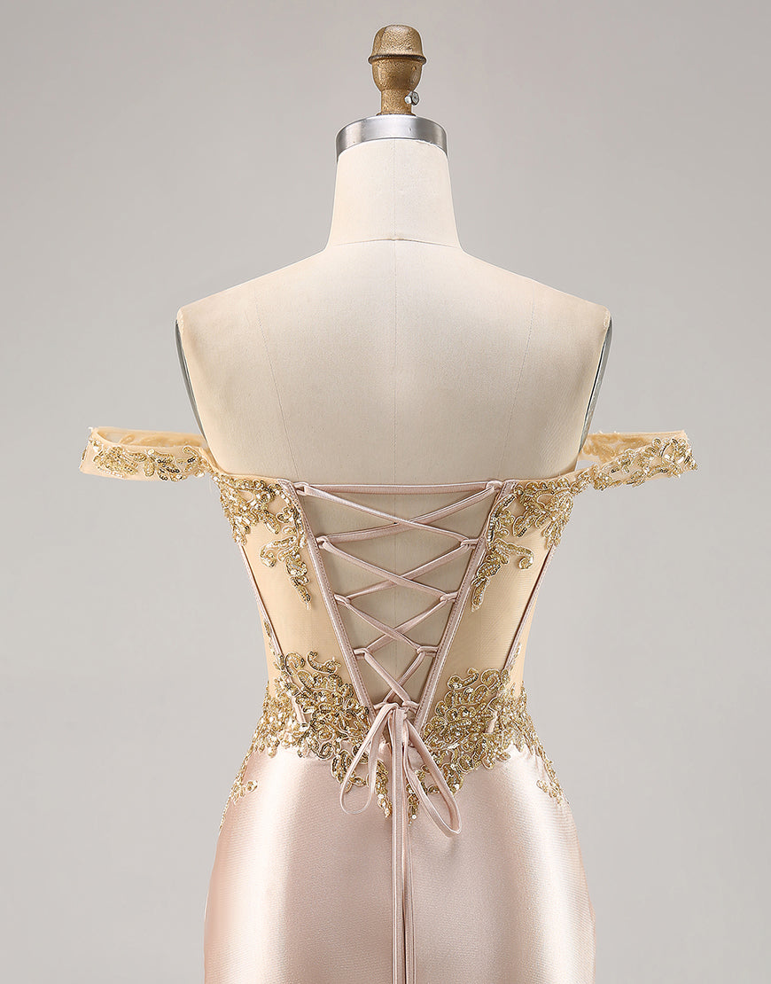 Sparkly Champagne Corset Satin Short Homecoming Dress with Lace
