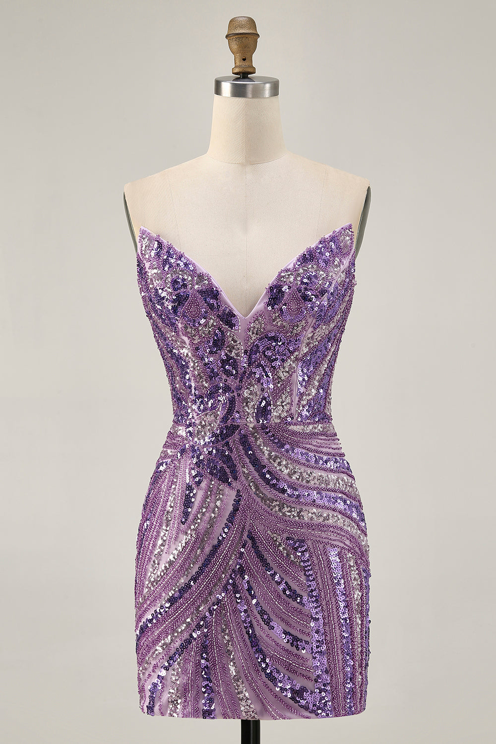 Sparkly Purple Beaded Strapless Short Tight Homecoming Dress