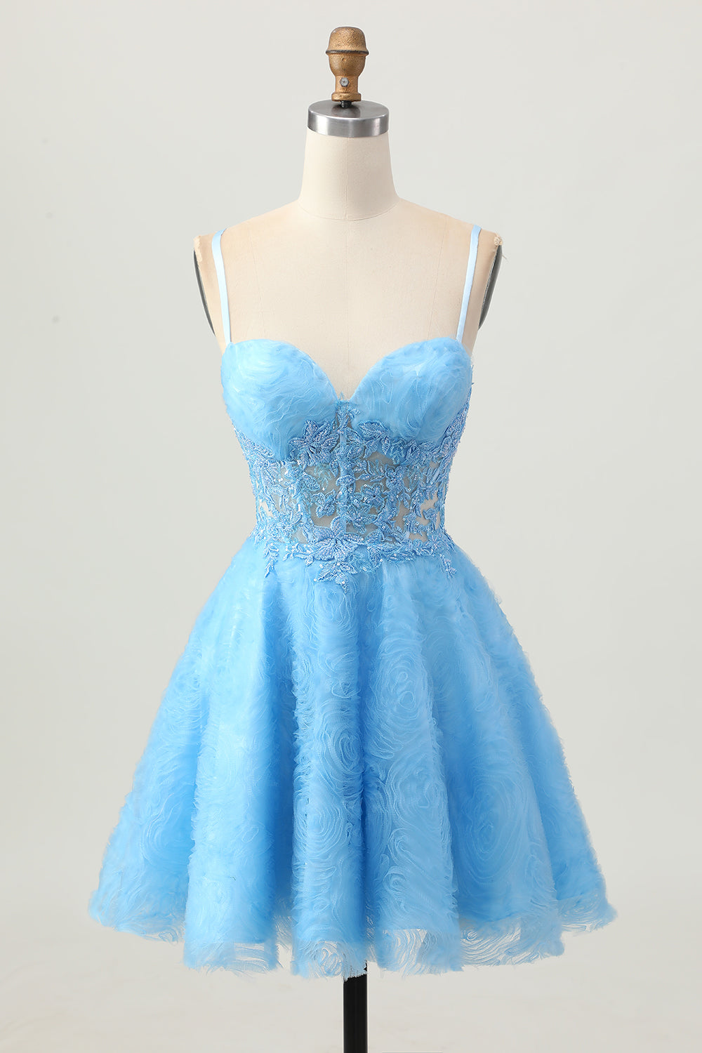 Floral Blue A Line Spaghetti Straps Short Corset Homecoming Dress with Lace