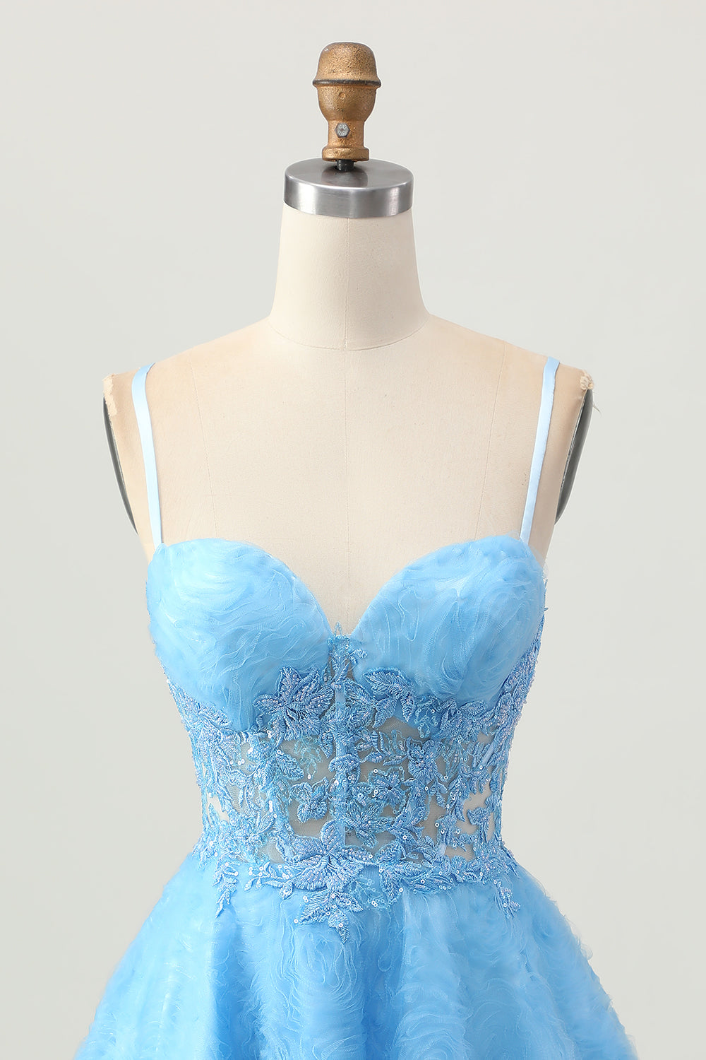 Floral Blue A Line Spaghetti Straps Short Corset Homecoming Dress with Lace