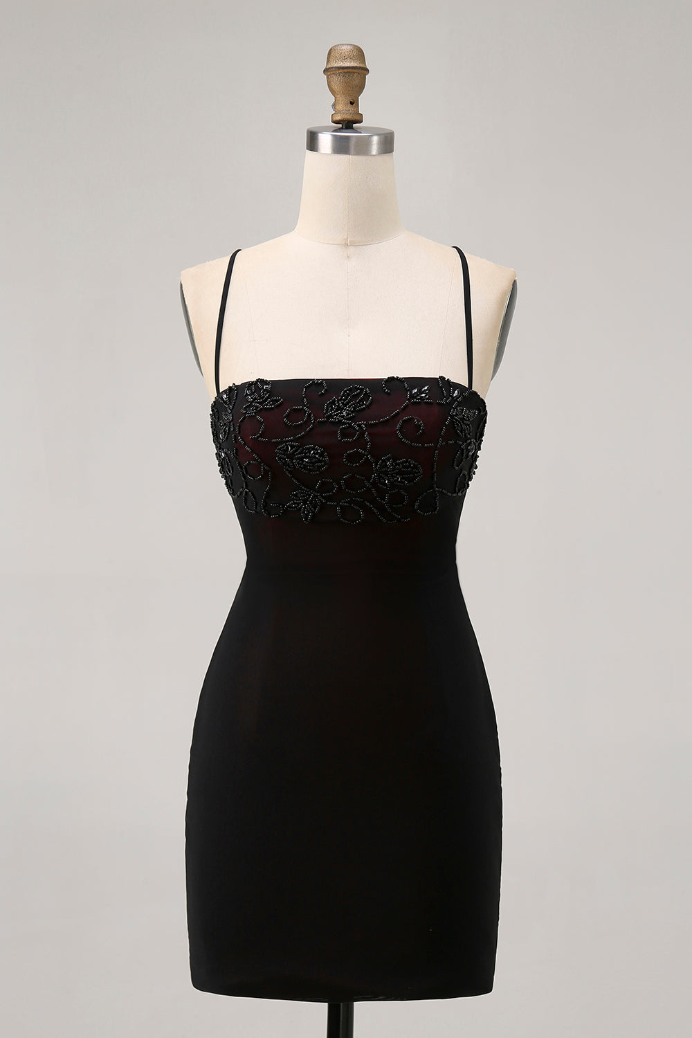 Black Spaghetti Straps Short Tight Homecoming Dress with Beading