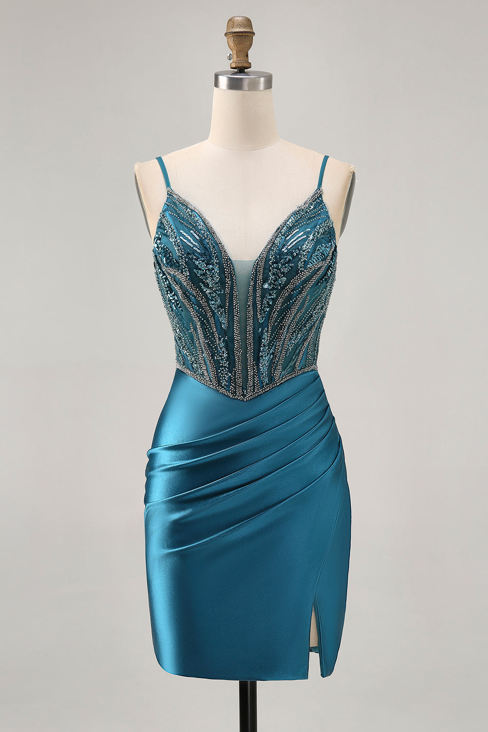 Sparkly Peacock Blue Short Tight Corset Homecoming Dress with Beading