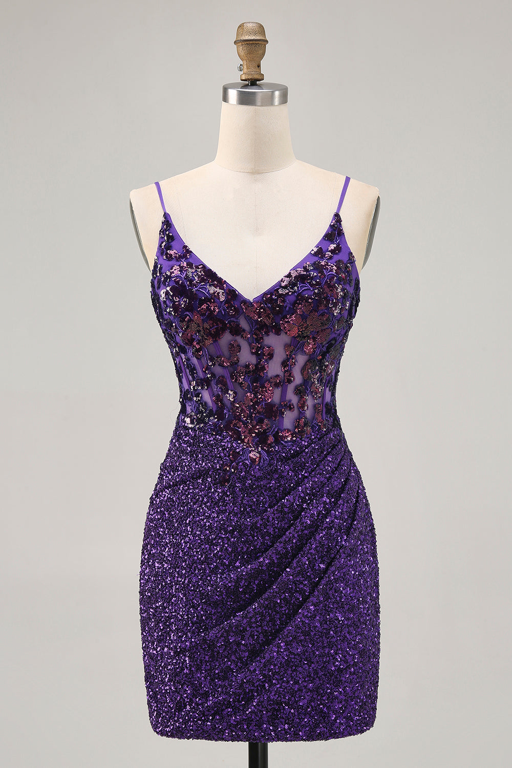Sparkly Dark Purple Sequins Tight Short Corset Homecoming Dress
