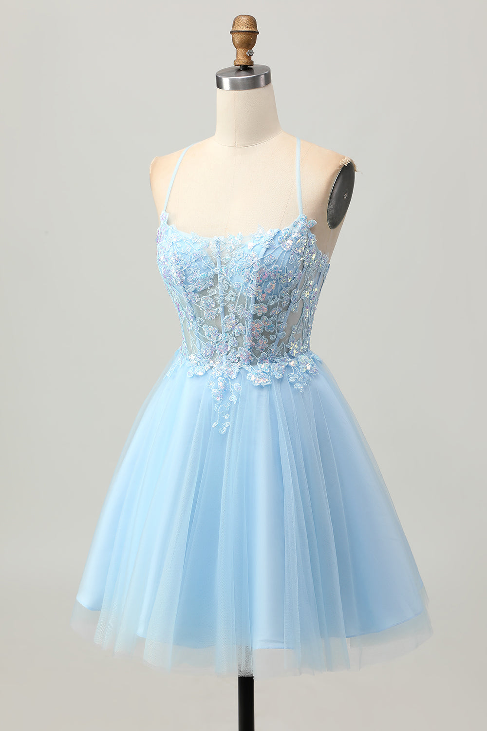 Sparkly Light Blue Tulle Short Corset Homecoming Dress with Appliques