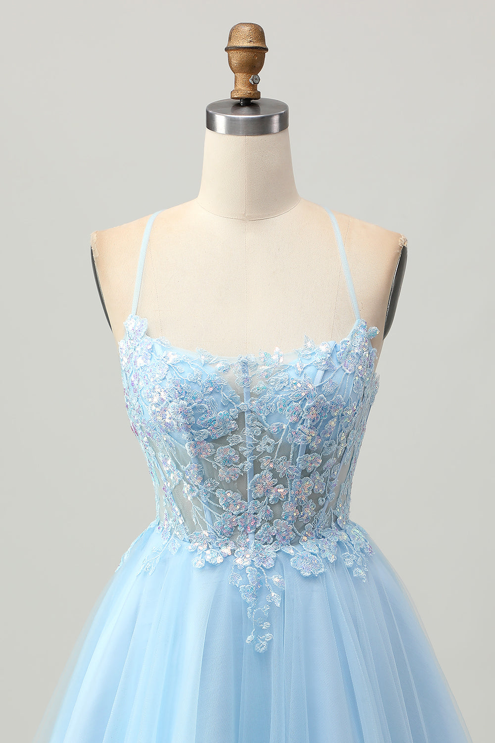 Sparkly Light Blue Tulle Short Corset Homecoming Dress with Appliques