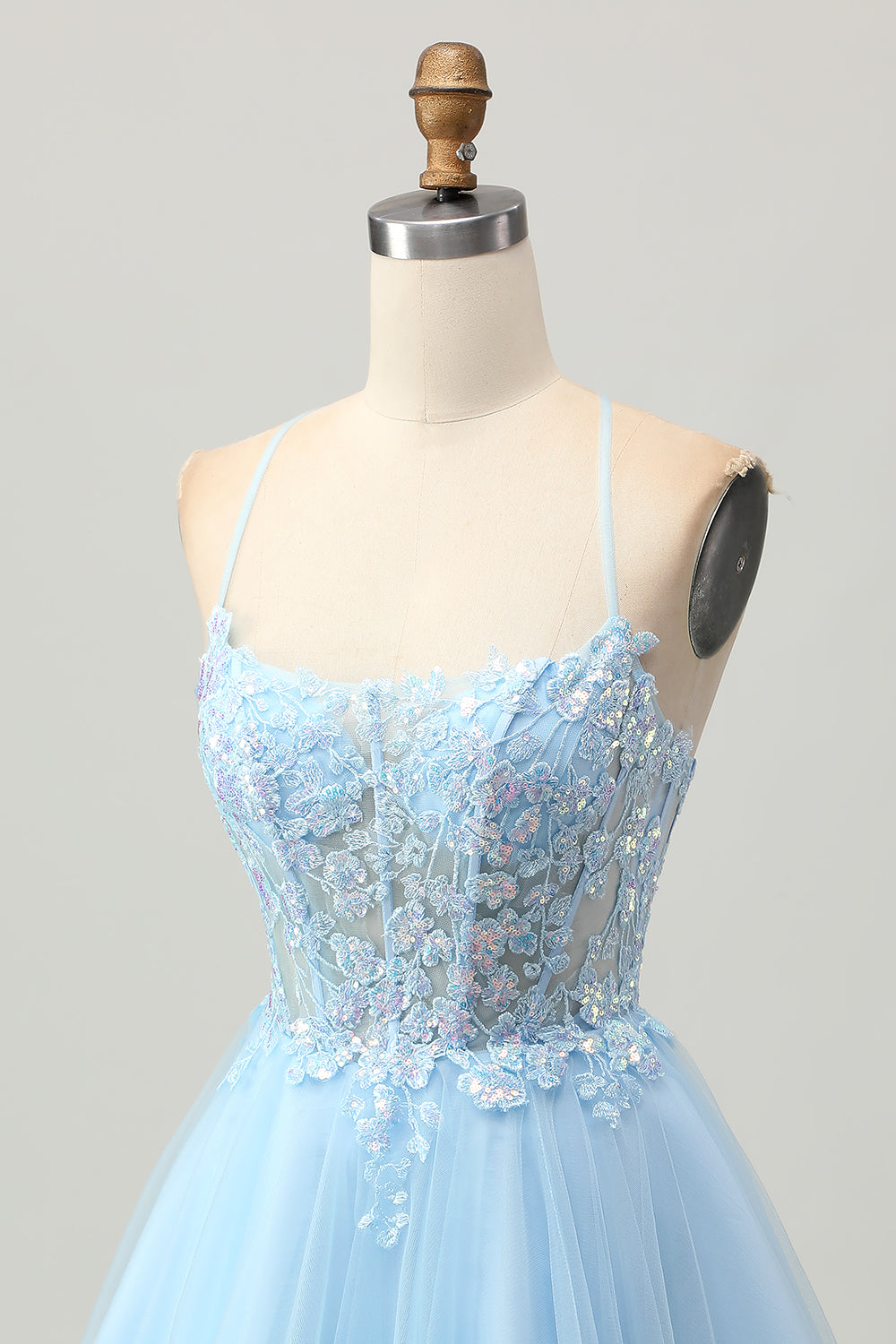 Sparkly Light Blue Tulle Short Corset Homecoming Dress with Appliques