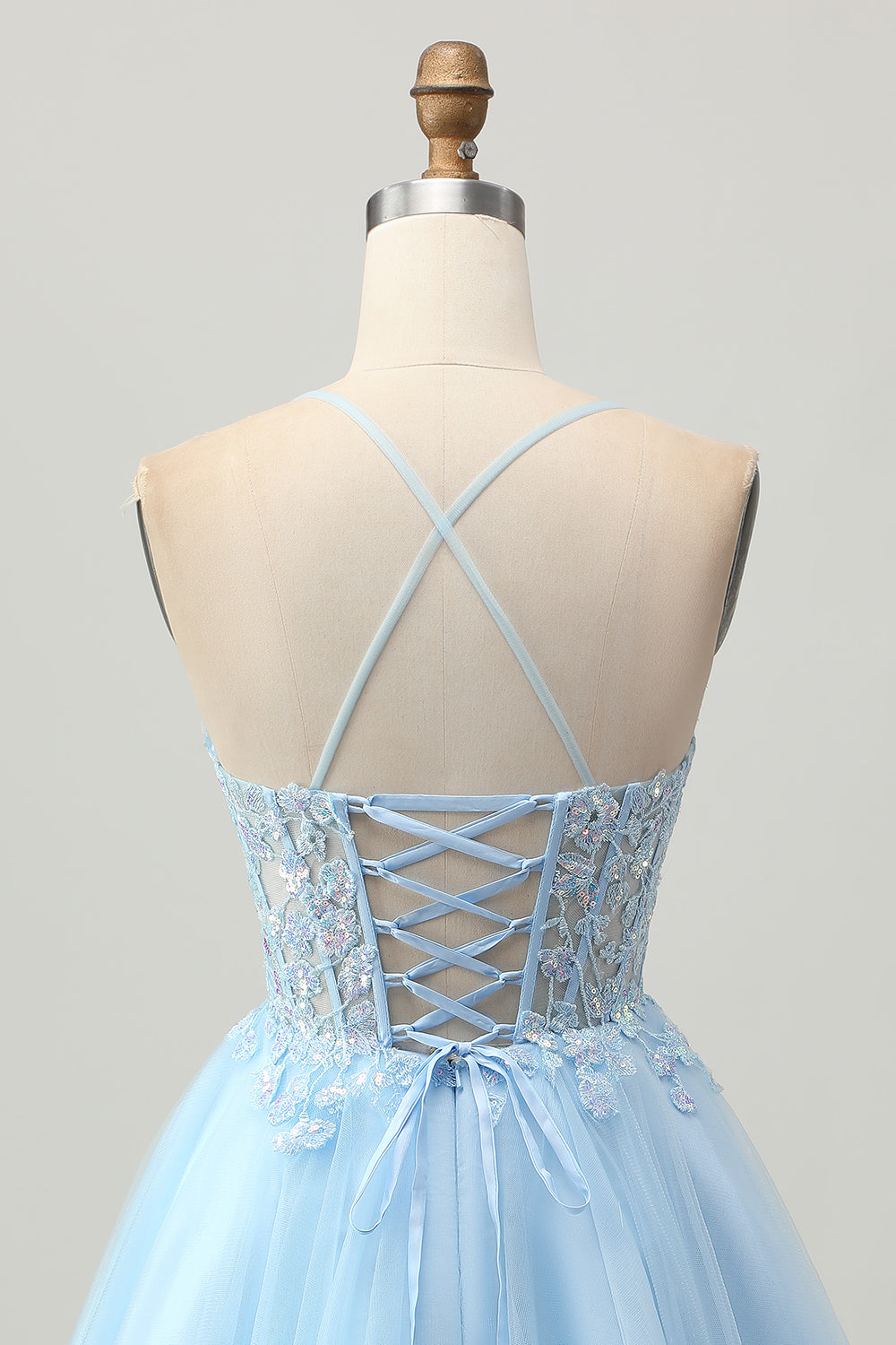 Sparkly Light Blue Tulle Short Corset Homecoming Dress with Appliques