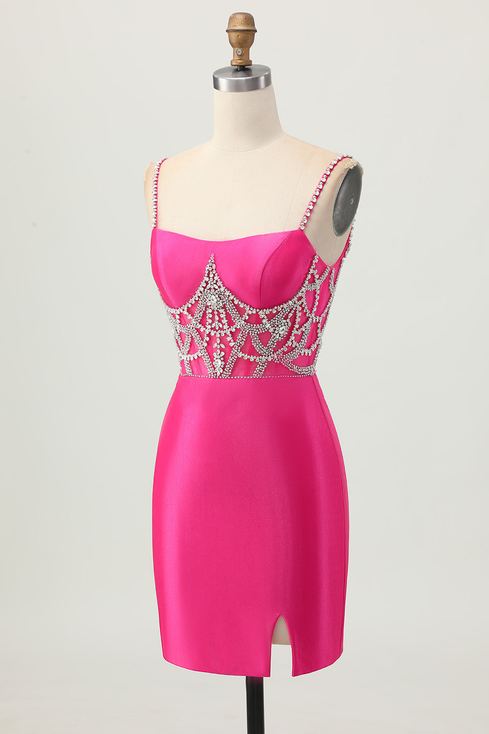 Sparkly Fuchsia Tight Satin Short Corset Homecoming Dress with Beading