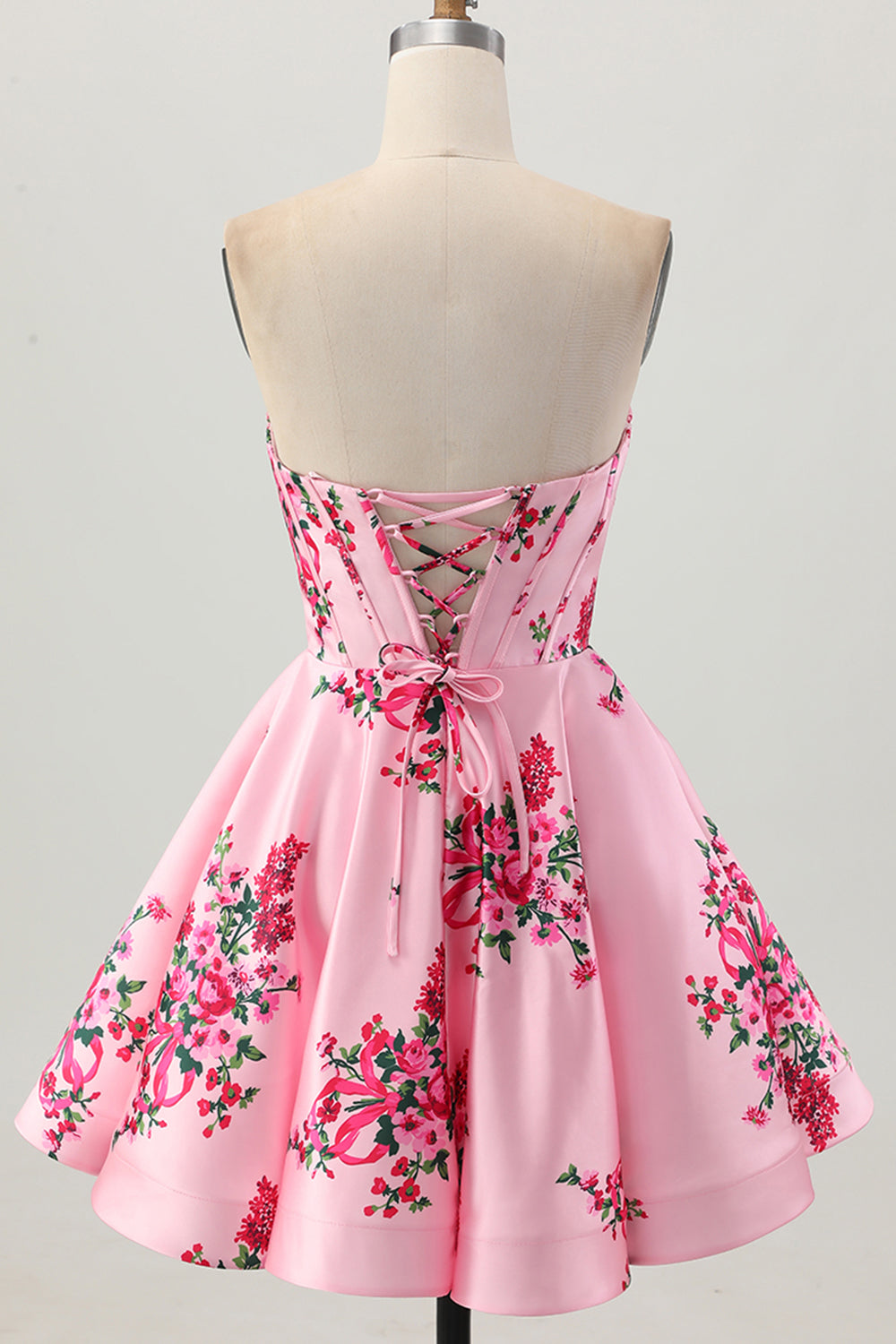Floral Pink Satin Sweetheart A Line Short Corset Homecoming Dress