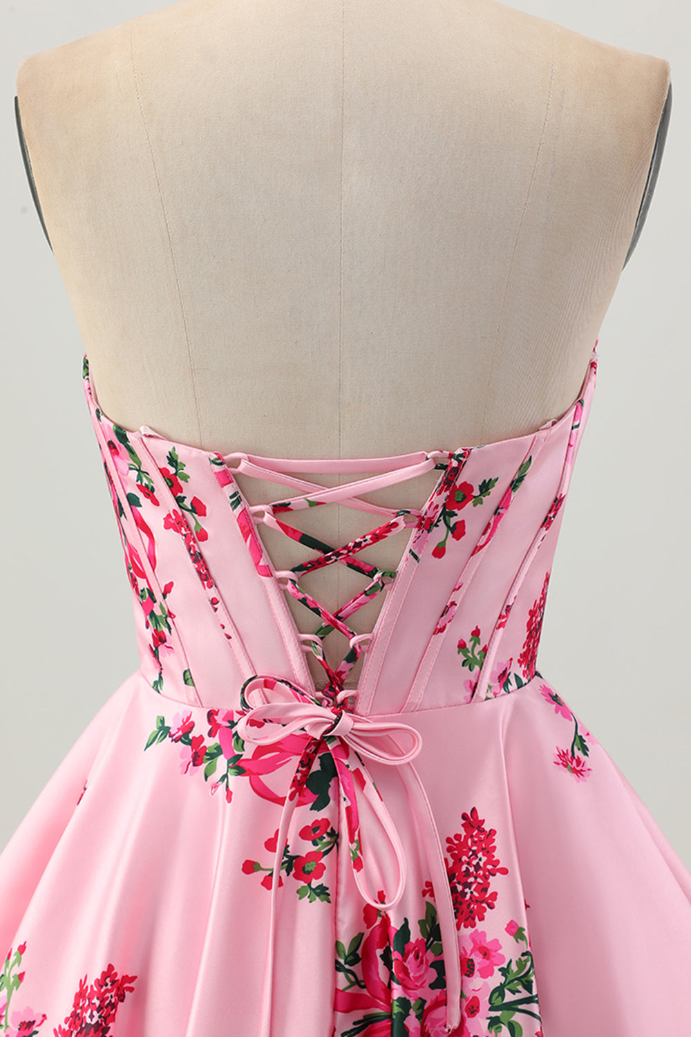Floral Pink Satin Sweetheart A Line Short Corset Homecoming Dress