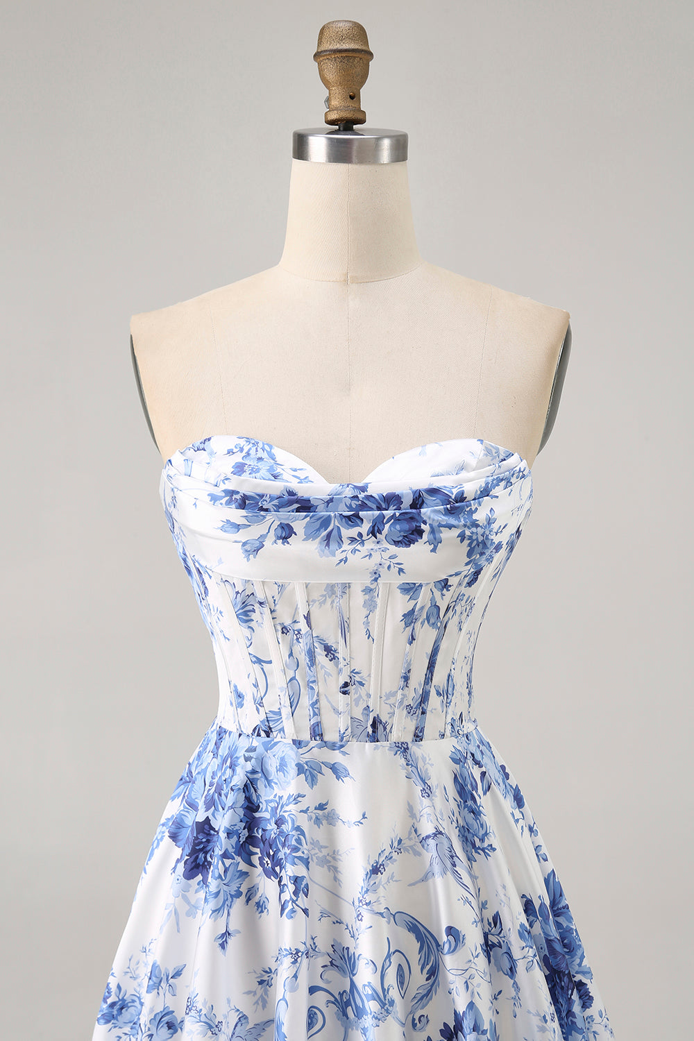 Floral White Blue Corset A Line Short Homecoming Dress