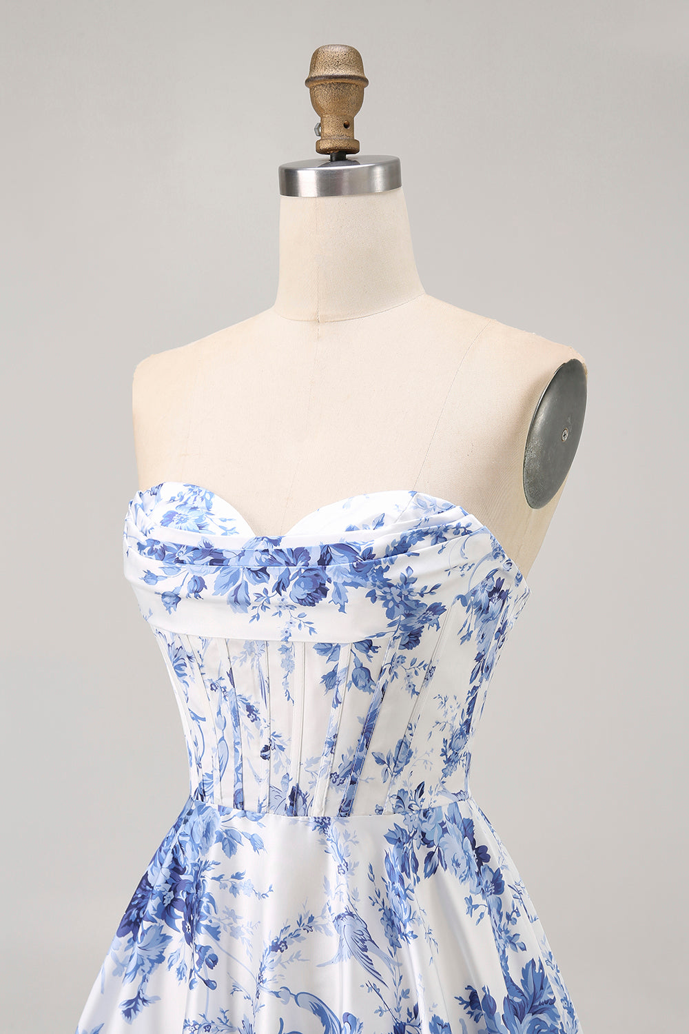 Floral White Blue Corset A Line Short Homecoming Dress