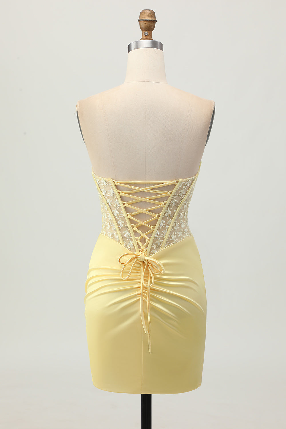 Yellow Tight Strapless Short Corset Homecoming Dress with Lace